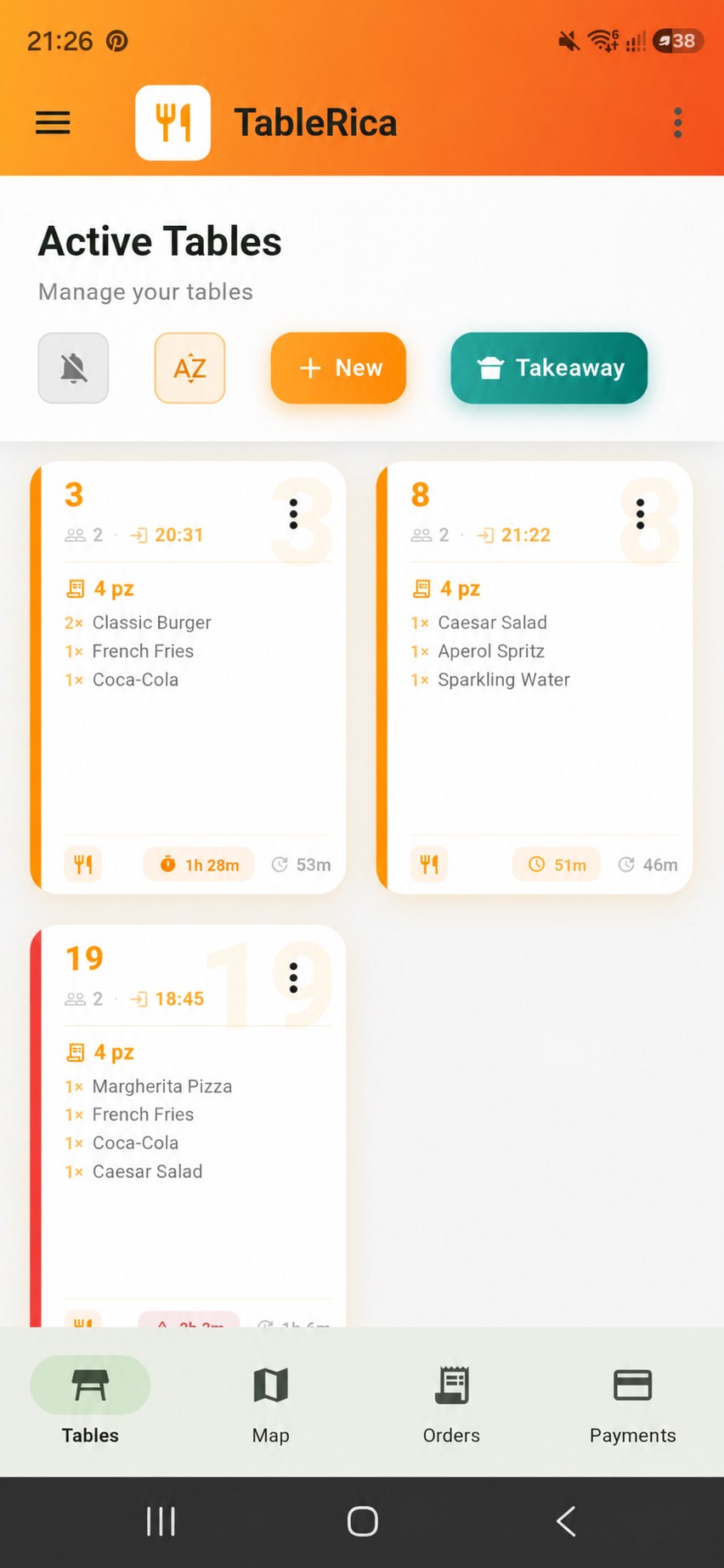 TableRica active tables displayed on a tablet