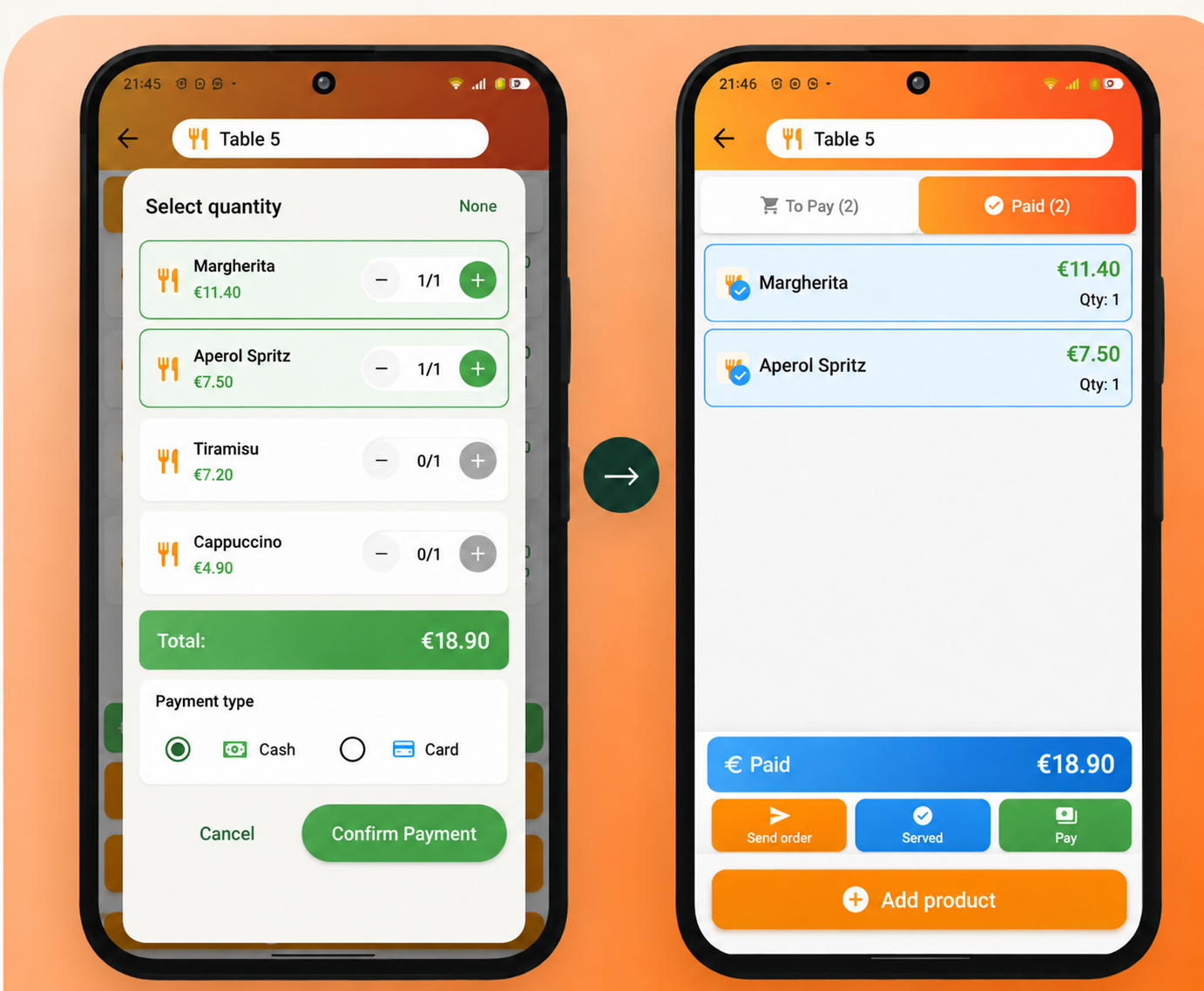 TableRica split payment flow for Table 5, from selecting Margherita and Aperol Spritz to the matching Paid screen